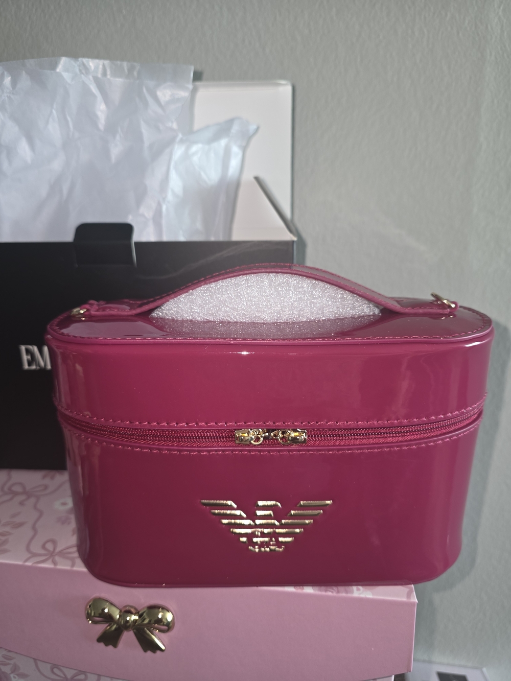 Emporio Armani Glossy Hot Pink Patent Cosmetic Case with Gold Logo